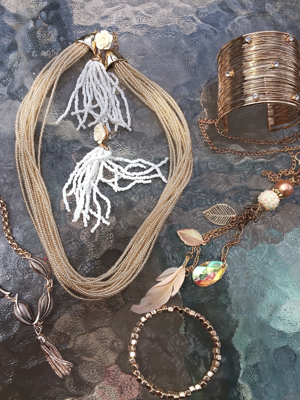 Elegant Gold-Tone Multi-Strand Necklace with White Bead Tassels - Women Jewelry